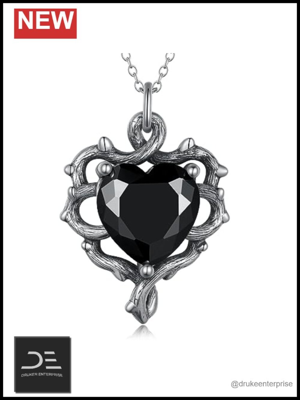 Gothic Black Heart Necklace 925 Sterling Silver Pendant Thorn Chandelier
